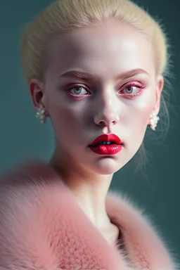 Minimalistic portrait of a beautiful and sexy woman with red lips and cold big eyes wearing earrings, a light pink fur coat in a haute couture style isolated on a dark background, cinematic lighting, ultra-realistic, shot in the style of hasselblad x2d + pishington e skinner + peter coulson, minimalism --ar 5164