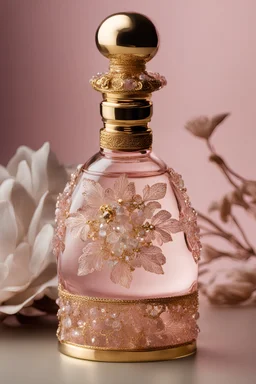 an exquisite crystal potion bottle, pink tint with fine gold detailed, crystal topper