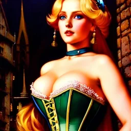 fullbody portrait 'beautiful blonde busty medieval woman on street in medieval city',corset,painting by gaston bussiere, greg rutkowski, yoji shinkawa, yoshitaka amano, tsutomu nihei, donato giancola, tim hildebrandt, oil on canvas, cinematic composition,sharp image, extreme detail,((fit full head inside picture)),32k