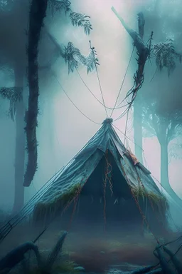 tent hanging in ropes, prehistoric forest, trending art, 8k, depth of field, volumetric fog, hi detail, spray paint