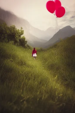 A beautiful girl walking along a mountain path, walking against the wind with balloons in her hand. nature, HD photography, Galen Rowell, David Muench, perfect composition, gloss, hyperrealism