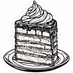 create a coloring book page of a slice of cake, black and white, high contrast, easy to color, bold outline