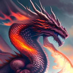 Illustrate a majestic, scale-covered dragon with piercing eyes and a fiery breath, set against a mystical, misty background.