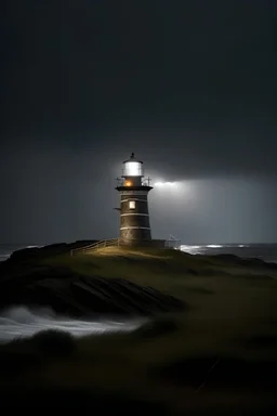 Windswept lighthouse during a night thunderstorm