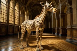 A tan lightning elemental giraffe designed in ancient Egyptian architectures and sculptures painted by Leonardo da Vinci