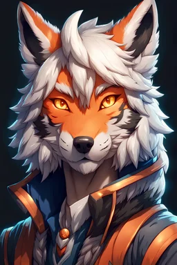 Anime portrait, anthropomorphic wolf character with fox ears and a tiger's tail, 8K resolution, ultra graphics, high quality, and detailed with lines.