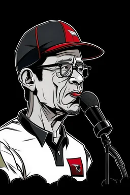 Ilustración vectorial de Gustavo Petro con gorra deportiva camisa, hablando tranquilamente con micrófono, colores negro, blanco y rojo, fondo negro