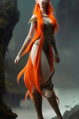 painting of a tall elven young woman with short light orange hair and freckles on the cheak bones and tall body of a topmodel light clothes, long shot, ultra realistic, concept art, intricate details, eerie, highly detailed, photorealistic, octane render, 8 k, unreal engine. art by artgerm and greg rutkowski and charlie bowater and magali villeneuve and alphonse mucha