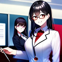 Clear focus, 8k, high quality, detailed, beautiful lighting, girl, vibrant colors, black hair, vibrant red eyes, office clothes, red glasses, holding pin, smile