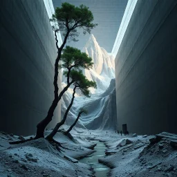 Photograph, a mass of terrain, giant museum space, tree, high walls, high peak in a room, rag, powder, brook, persons, sediments, deflagration of the background, geological formation, light, architecture, minimalist, details of the terrain very accentuated, 8k, deep 3d field, sharp, brutalist, hasselblad h6d400c --ar 85:128 --v 6.0