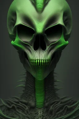 green alien, head, evil, black eyes, weapons, blood, 8k, finely detailed, photo realistic, HR Giger style skull head