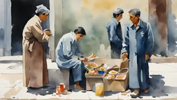 painting. watercolor. poor family. Selling on the sidewalk. salesman. Iran. minimal