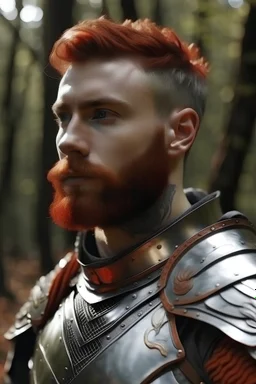 Man van 30, copper rood kort haar, baard, silveren armour, in het bos, schilderrij, 4k