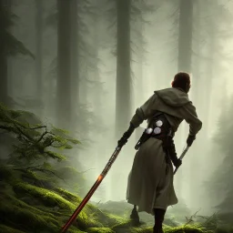 Concept art of a Jedi, walking through the Olympic National Forest by Airi Pan