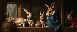 get aboard the rabbit train in the style of Rembrandt