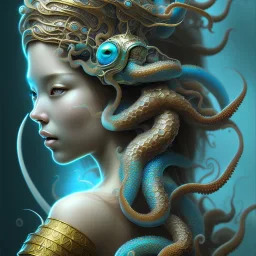 Sango fantasy, fantasy magic, intricate, sharp focus, illustration, highly detailed, digital painting, concept art, matte, art germ and Paul Lewin and Kehinde Wiley, masterpiece Indonesian lady head bronze octopus Asian African girl nice breast Thai hair turquoise silver blue waves