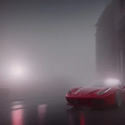 red Ferrari 488 in fog during the night