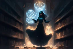 full-height shot of a woman in black holding up small glowing symbols, inside a large magic book shop