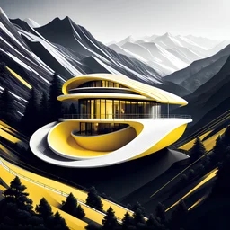 Ilustración minimalista de una casa campestre estilo Zaha Hadid forma ovalada en las montañas arte nouveau neón lineal color negro blanco y amarillo calidad ultra fondo ciudad vista aérea