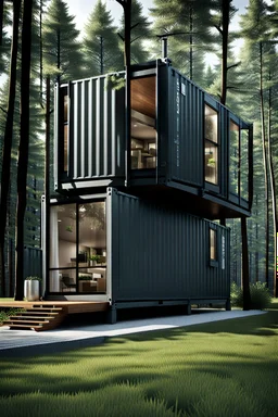 Medium sized, modern house in the woods made from shipping containers, photorealistic