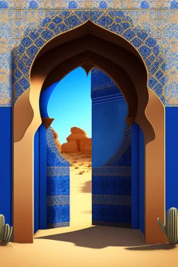 An open gothic_arab doorway in a tiled blue wall with a view of a desert landscape