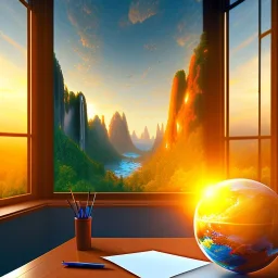 desk, parquet, sheet of paper, little pen, in front of a huge picture window with large view on a waterfall with warm light, sunset ,pixar style, panorama, nature, globe, HD, Hallelujah mountains