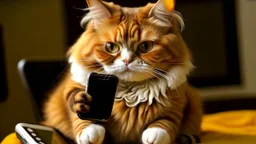 very clever cat with smartphone. Make the cat smaller