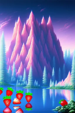 mountain with strawberry ice-cream on top, lake, trees, mystical, Post-painterly abstraction