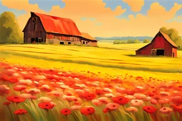 A sprawling field awash with the vibrant colors of blooming flowers on a sunny day. The bright sunlight casts a warm, golden glow over the landscape, illuminating the rich tapestry of petals in every shade imaginable. In the distance, a rustic barn stands as a charming focal point, its weathered wood and red roof adding a touch of nostalgia to the idyllic scene. The impressionist style captures the lively interplay of light and color, with dappled shadows dancing across the field and the barn bl