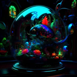 Black light art, a 3d hd fractal recrusive whimsical stylized gothic transparent glass ladybug filled with vibrant colorful fishes in water and shells and plants on a flower traveling through a colorful gothic steampunk glass village in winter night , Backlight art neon, highly detailed, Backlight art neon, highly detailed, trending on artstation, digital art, award-winning