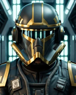 star wars bald male corellian pilot wearing dark gunmetal grey and black First Order special forces TIE pilot armored flightsuit and helmet with gold trim inside the jedi temple, centered head and shoulders portrait, hyperdetailed, dynamic lighting, hyperdetailed background, 8k resolution, volumetric lighting, light skin, fully symmetric details