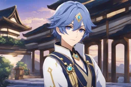 Kaeya Alberich from Genshin Impact, tanned complexion and navy-blue hair with streaks of lighter blue, with a waist-length lock of hair that starts at the base of his scalp on the back of his head at the left. His visible eye is periwinkle with a diamond-shaped pupil, Over his right eye he wears a gold-trimmed black eyepatch that is mostly covered by his bangs, intricate background, intricate face, sitting on a cliff during sunset, contemplative, anime style, dynamic composition