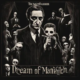 Recreate the iconic "The Godfather" movie poster but with a creepy Puppet and the graphic reads text "DREAM OF A MANIKIN" with the puppet strings in the original godfather font, black nightmarish background, horror art, by Tom Jung, eerie, smooth