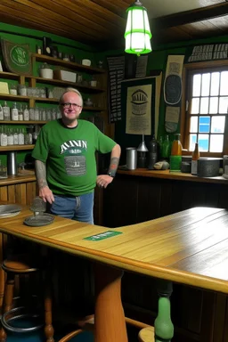 bAn innkeeper is stand up in the middle of tables, in a surfers' pub