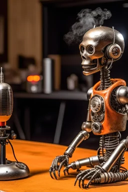 Robot firestarter with a microphone in hand, metal radio host sleeping in the background