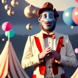 Ultra realistic circus scene. Monster man, waist up view, Wes Anderson style, happy, bubbles, party, confeti, highly detailed, concept art, unreal engine 5, god rays, ray tracing, RTX, lumen lighting, ultra detail, volumetric lighting, 3d, finely drawn, high definition, high resolution.