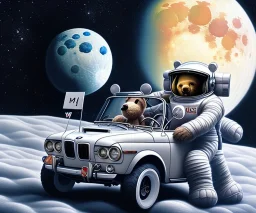 little boy and big teddy bears on moon. drifting in old bmw. oil on canvas