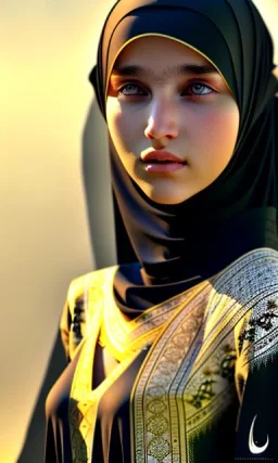 Arab teen girl , cute, beautiful, long hair, wavy hair, black eyes,real eye, She wears an Arab abaya، head and shoulders portrait, cinematic, 8k, resolution concept art portrait by Greg Rutkowski, Artgerm, WLOP, Alphonse Mucha dynamic lighting hyperdetailed intricately detailed