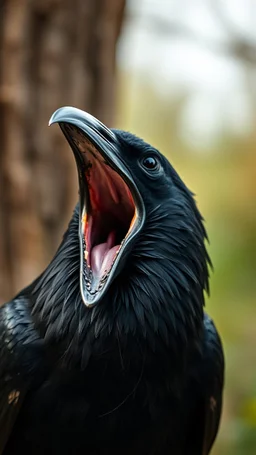 a crow open his mouth a warm realistic , pro photography , high quality, and cinematic scene