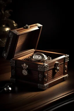 roduce a photograph of a luxurious watch box, captured at a slight angle, to highlight its intricate details. The lighting should create a soft, dramatic shadow, adding depth and sophistication."