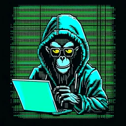 A grinning Monkey sitting in front of a laptop, hacking systems, wearing a hoodie and sunglasses. Matrix in background. Pixel Art. Profile Picture. Avatar. Pixel