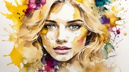 on old yellow, torn paper, watercolor portrait of a blonde woman, alcohol ink, blots, splashes, flowers, leaves, branches,