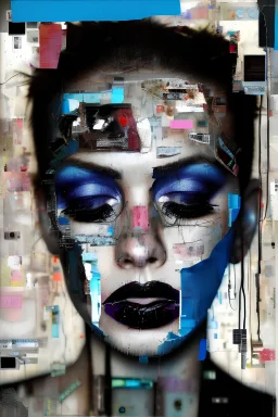 Ultra detailed medium portrait painting of a beautiful abused woman, she is crying and upset, masking tape on her mouth, blue brushed eye, chaos background,torn up collage of clippings, broken circuitry background, matrix effects, punk visual art, punk art aesthetic, graffiti art, pop surrealism, collage art, cluttered paint glitches