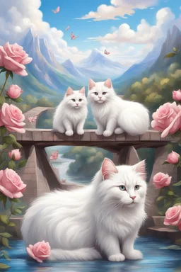 in the center: beautiful chunky fluffy white cats sitting on a bridge, under the brigde flows a small blue river; background: landscape with mountains and white clouds, butterflys flying in the sky; first plan: pink roses;