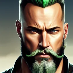 "MIddle aged white human male, with a trimmed but uneven beard, piercing green eyes with slick back hair, complete head and shoulders portrait, 8k resolution concept art portrait by Greg Rutkowski, Artgerm, WLOP, Alphonse Mucha dynamic lighting hyperdetailed intricately detailed Splash art trending on Artstation triadic colors Unreal Engine 5 volumetric lighting Splash art fantasy"