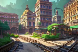 Train under elevatedsidewalk ,Vignola classicism garden roof,palladio,uphill road building ,Various colourful city,A beautiful,liveable street with beautiful Human scaled,mid raise building,green building,plants,tree,stairs,detailed facades,Eye level,hyperrealistic,photorealistic,4k,