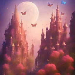 psychedelic giant roses and tiny flying butterflies and antic city in the background 3D mystic ambiance