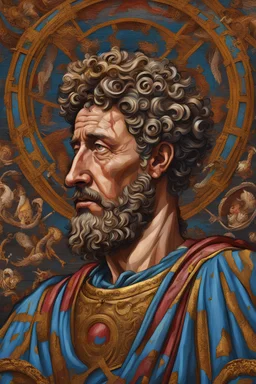 Marcus Aurelius, 4k quality, vivid, existential facial expression, art, vivid, intricate, tragedy, war, pain, painting