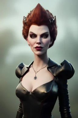 Hannah Waddingham as evil queen in black leather, busty, cleavage, voluptous, rebecca Welton, angry, stern look. character design by cory loftis, fenghua zhong, ryohei hase, ismail inceoglu and ruan jia. unreal engine 5, artistic lighting, highly detailed, photorealistic, fantasy