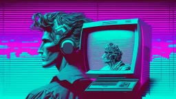 synth-wave, man with monitor as head, iconic:1.8),